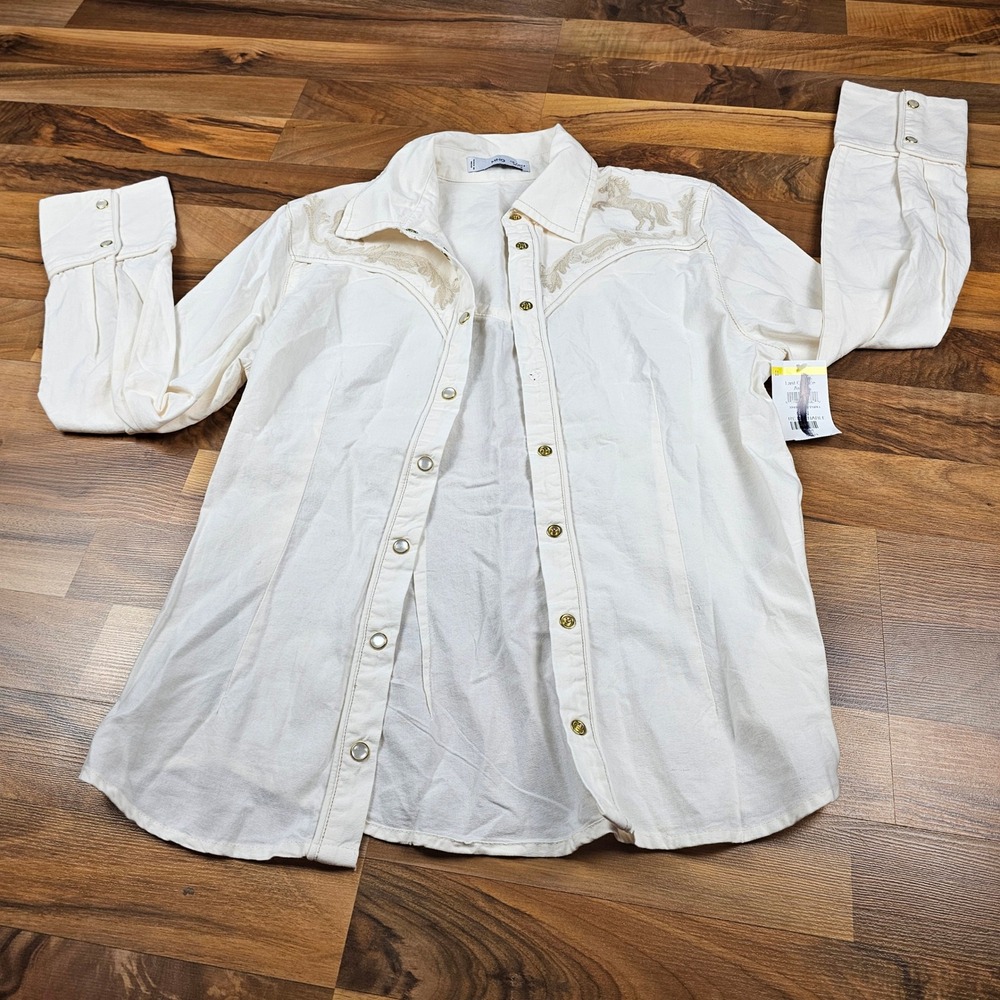 Mango MNG Western Button Up Shirt‎ Horse Embroidery Cream Small